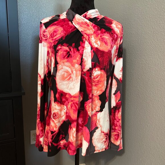 Worthington Blouse XL Floral Long Sleeve Twist Neck Top Red Pink Roses Stretch - Picture 1 of 9